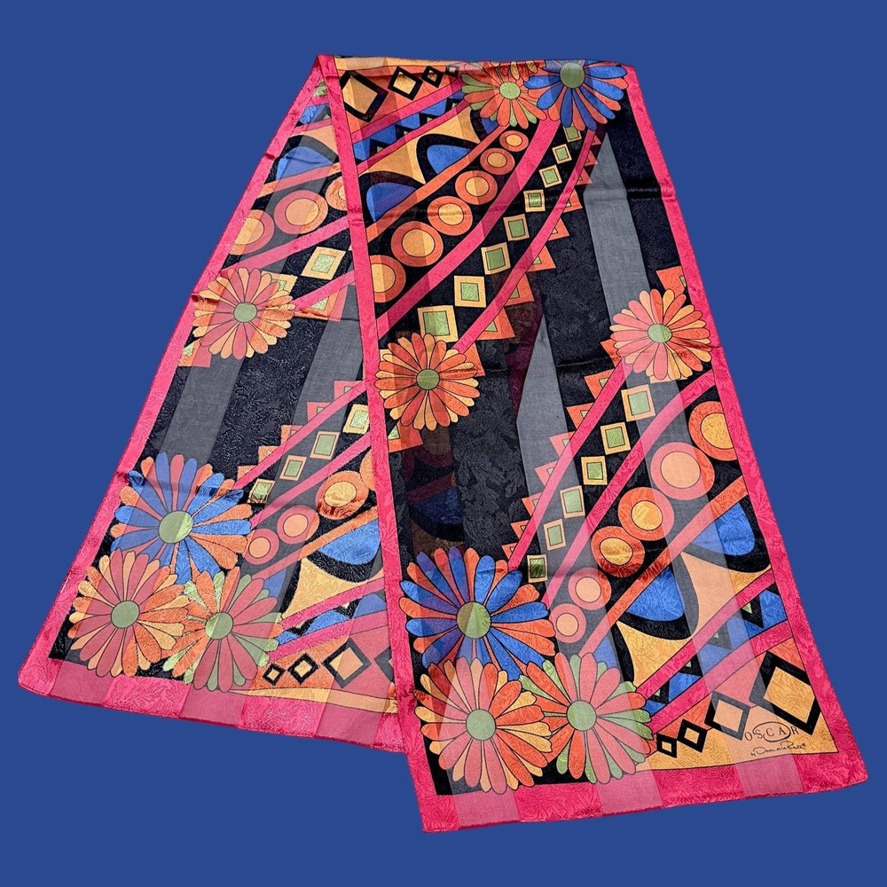 Oscar de la Renta Scarf Multicolor Floral Geometric Silk Jacquard Vintage 1990s